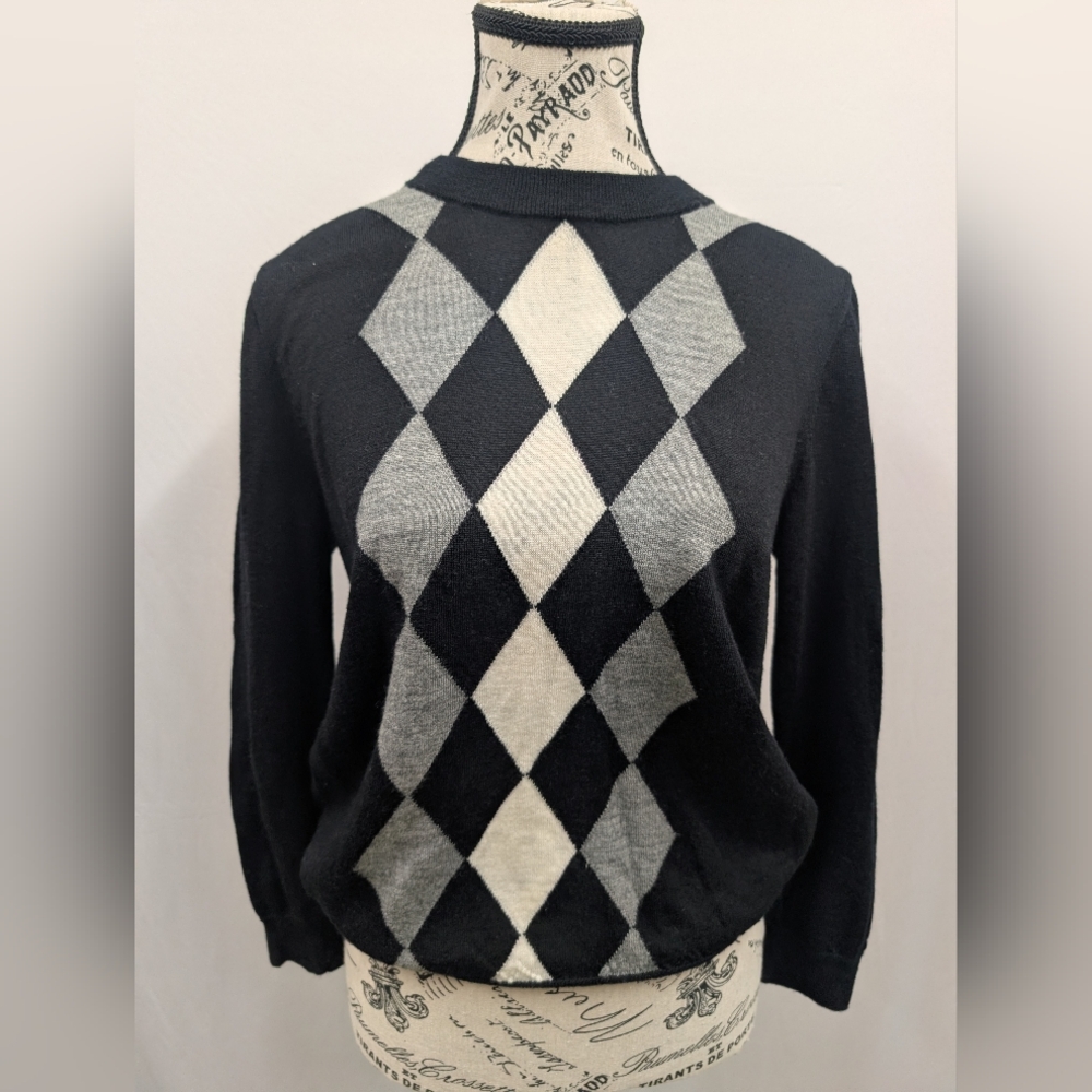 J. Crew Black and Gray Argyle Sweater